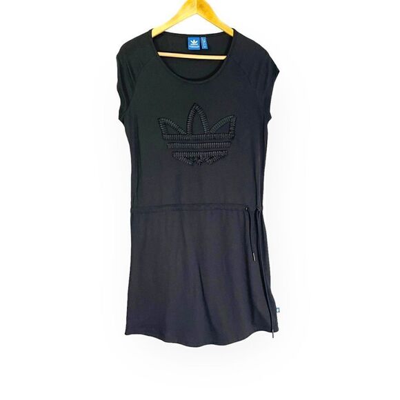 Adidas Black Ruffle Logo Blouson Mini Casual Tee Shirt Dress Drawstring Waist - Picture 1 of 10